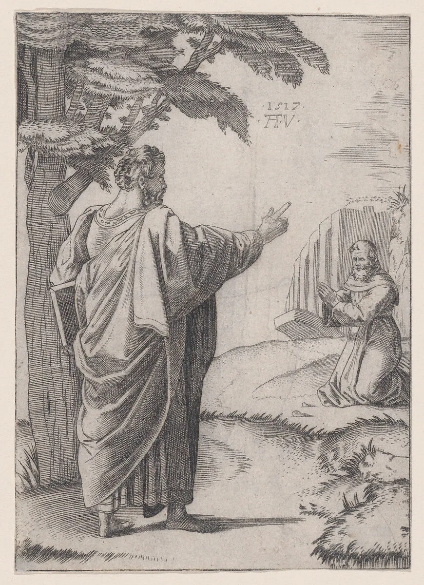 Saint Paul and the Franciscan Friar — Agostino Veneziano (Agostino dei Musi)