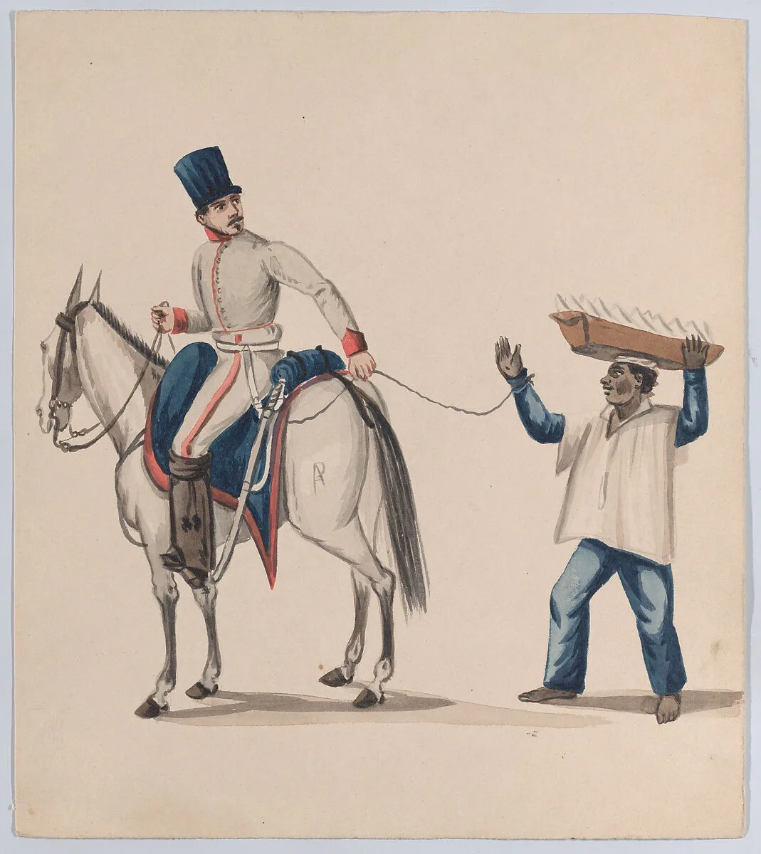 A soldier on horseback holding a rope that secures an enslaved indigenous man who is balancing a basket on his head; from a group of drawings depicting Peruvian dress — Francisco (Pancho) Fierro