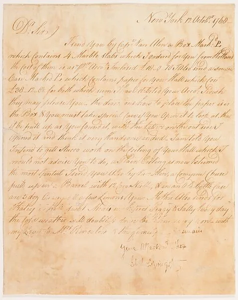 Plan, Letter, and Bill for Wallpaper for the Hall of the Van Rensselaer Mansion — Philip Livingston