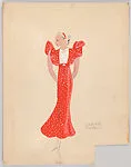 Drawing for a woman's theatrical costume with flared cap sleeves, in red with white polka dots — Vincente Minnelli