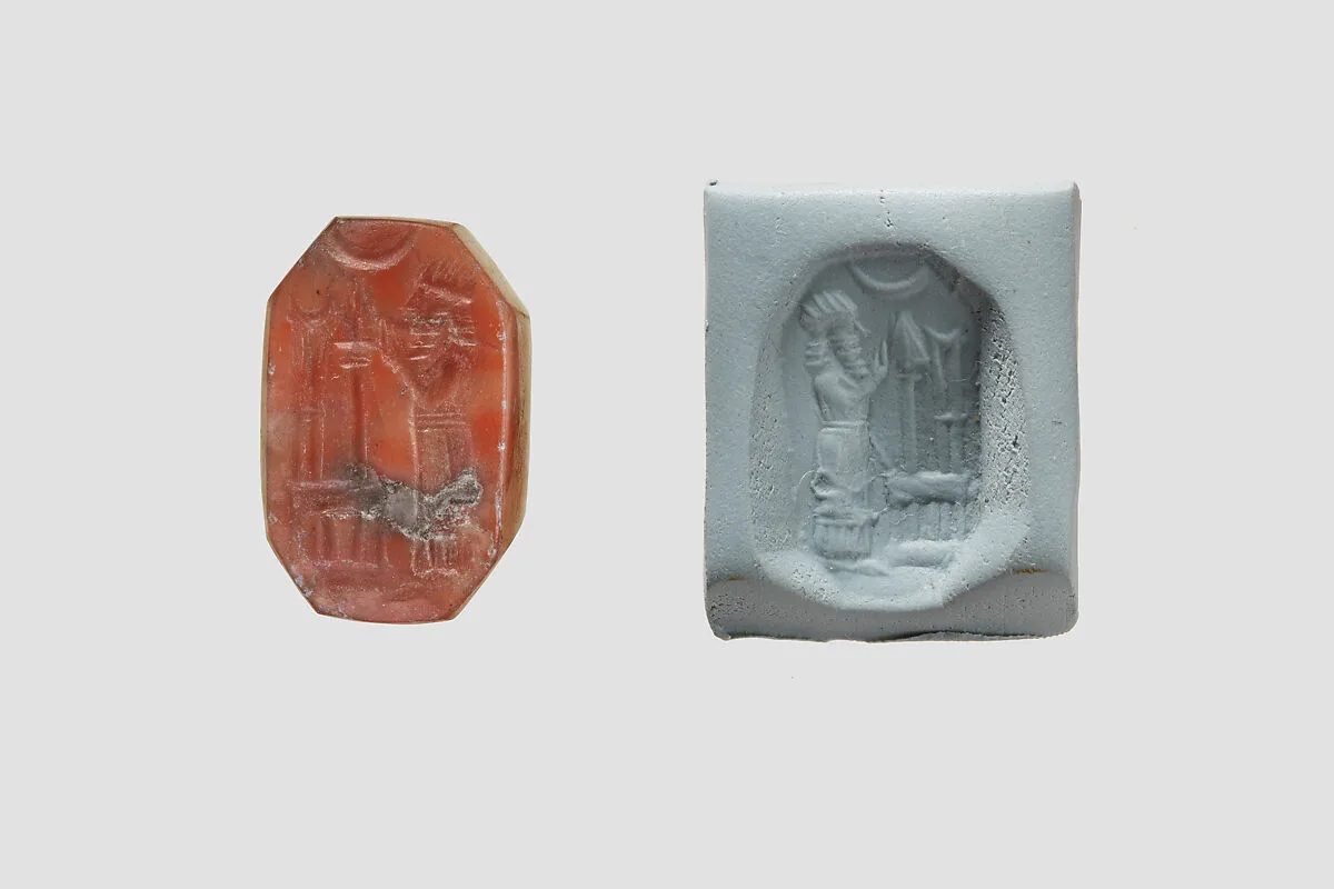 Stamp seal (octagonal pyramid) with cultic scene — Unknown