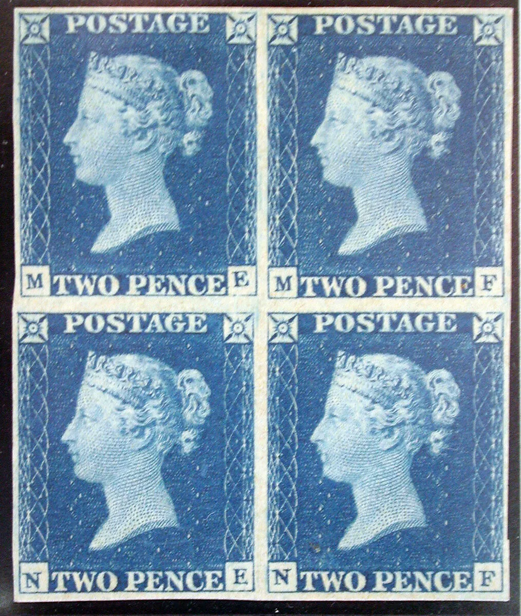 Unused block of four "Two Penny Blue" postage stamps of Queen Victoria — William Wyon