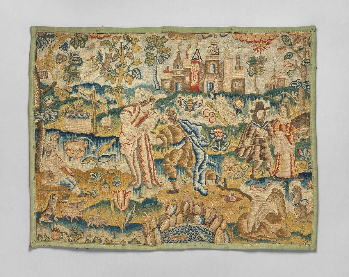 Panel with stumpwork embroidery — Unknown