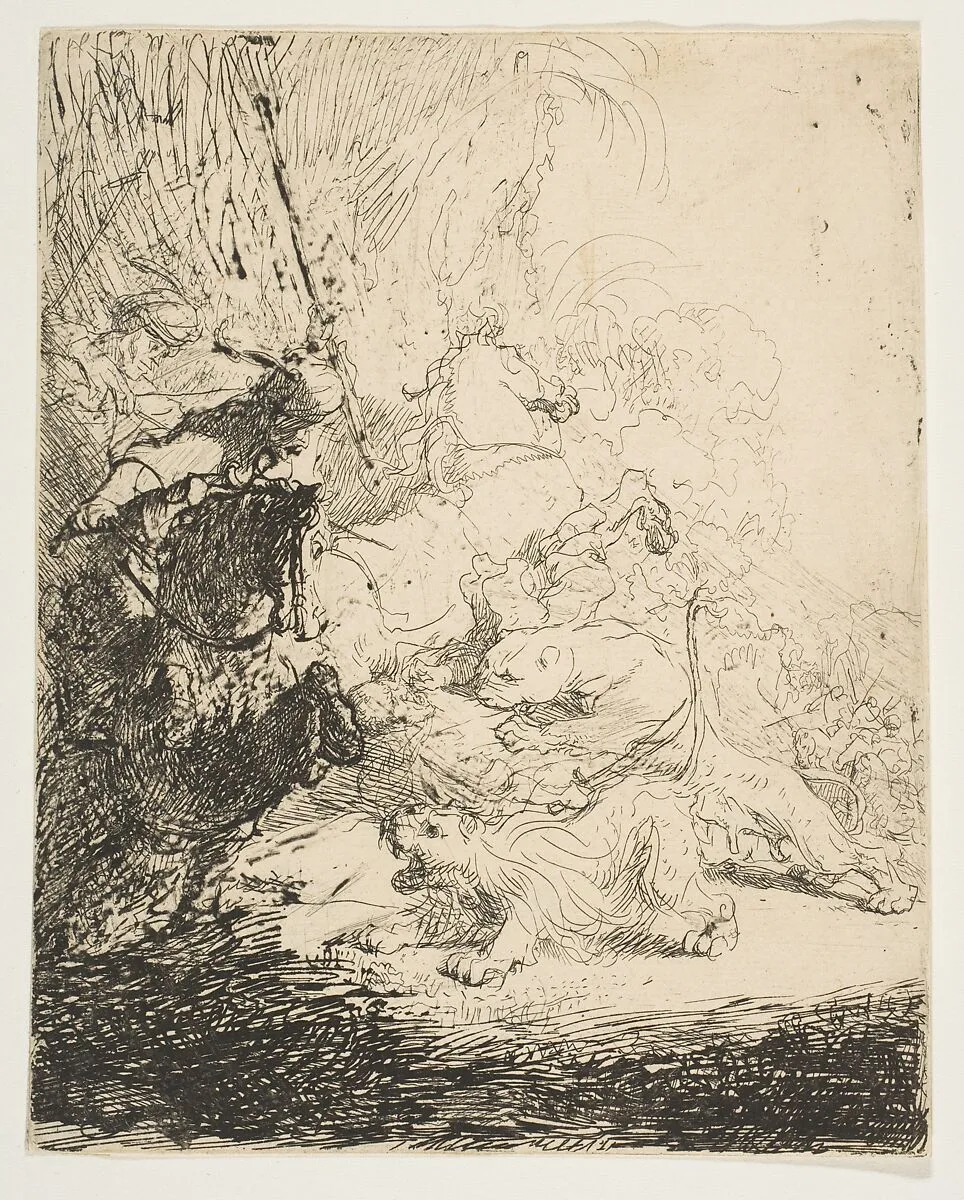 The small lion hunt, with two lions — Rembrandt (Rembrandt van Rijn)