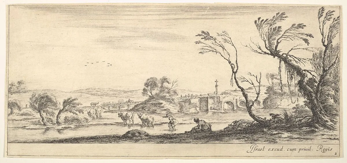 Plate 2: a peasant woman removing her shoes in center, another peasant woman and two cows in a stream to left, a bridge to right in the background, from 'Various landscapes' (Divers paysages) — Stefano della Bella|Israël Henriet