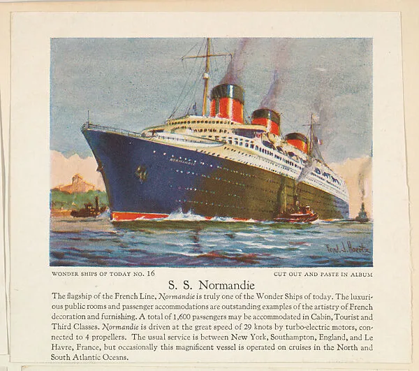 S. S. Normandie, No. 16, collector card from the Wonder Ships of Today series (D90), issued by the Kelley Baking Company — Kelley Baking Company