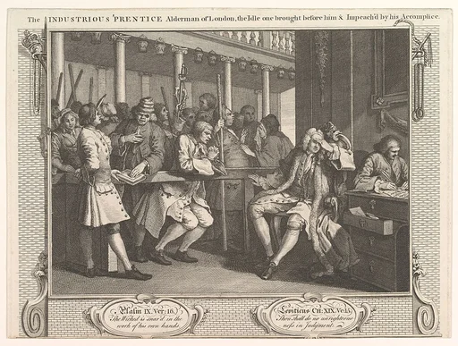 The Industrious 'Prentice Alderman of London, The Idle One Brought Before Him and Impeached by his Accomplices (Industry and Idleness, plate 10)