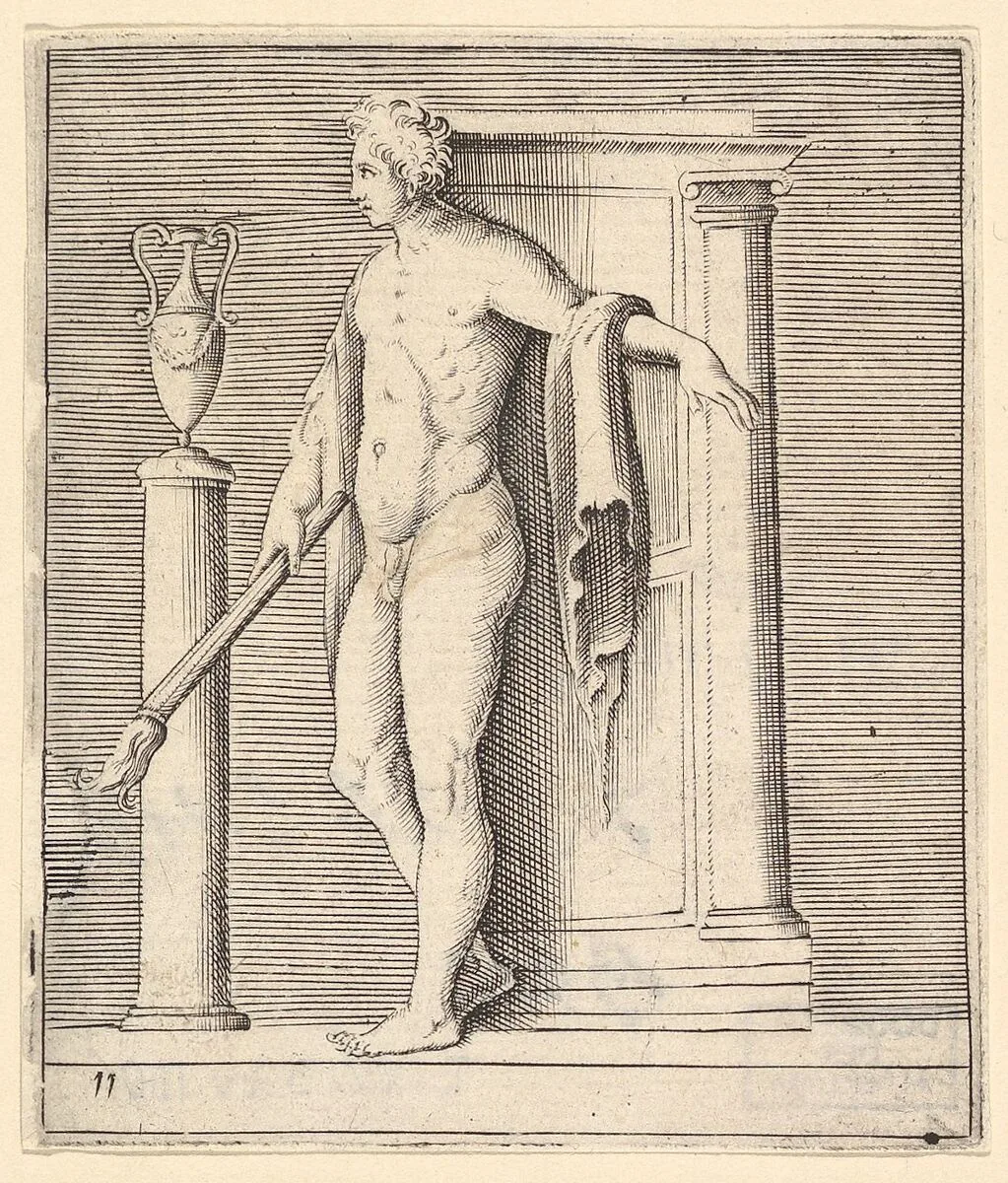 Man with Torch at Temple Door, from "Ex Antiquis Cameorum et Gemmae Delineata/ Liber Secundus/et ab Enea Vico Parmen Incis" — Francesco Angeloni|Battista Franco|Philippe Thomassin|Enea Vico|Anonymous, Italian, 16th century