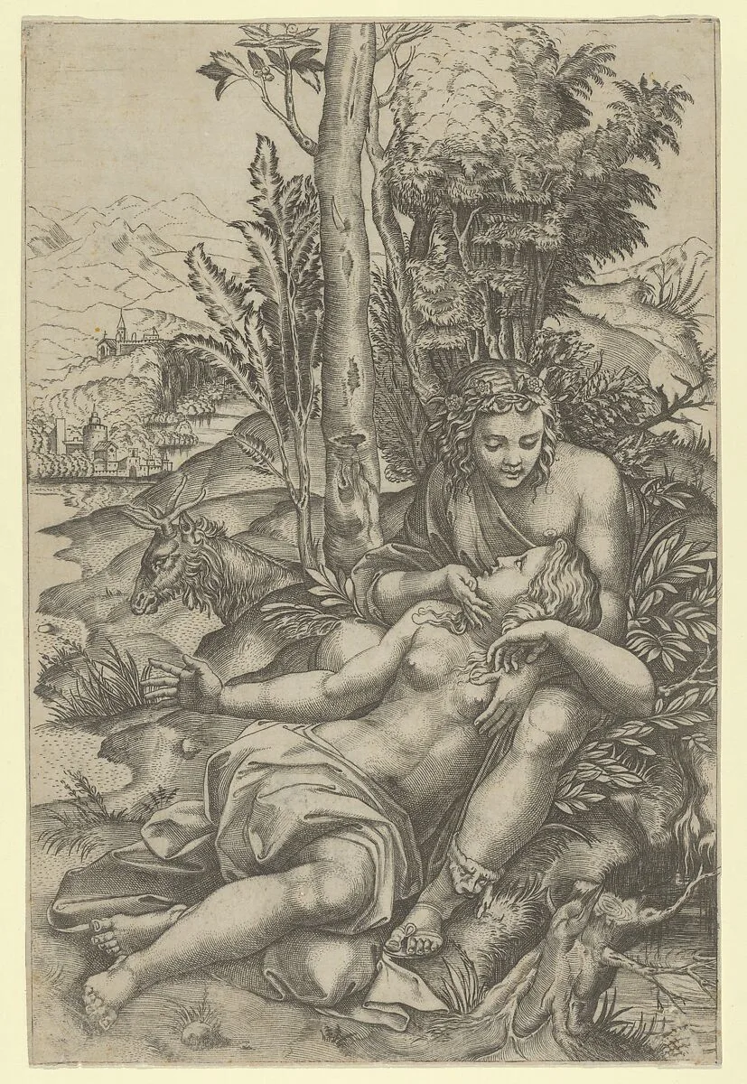 Medor and Angelica from Lodovico Ariosto's 'Orlando Furioso' or Venus and Adonis embracing, set within a landscape — Marcantonio Raimondi|Giulio Romano