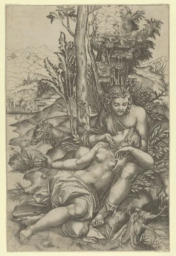 Medor and Angelica from Lodovico Ariosto's 'Orlando Furioso' or Venus and Adonis embracing, set within a landscape