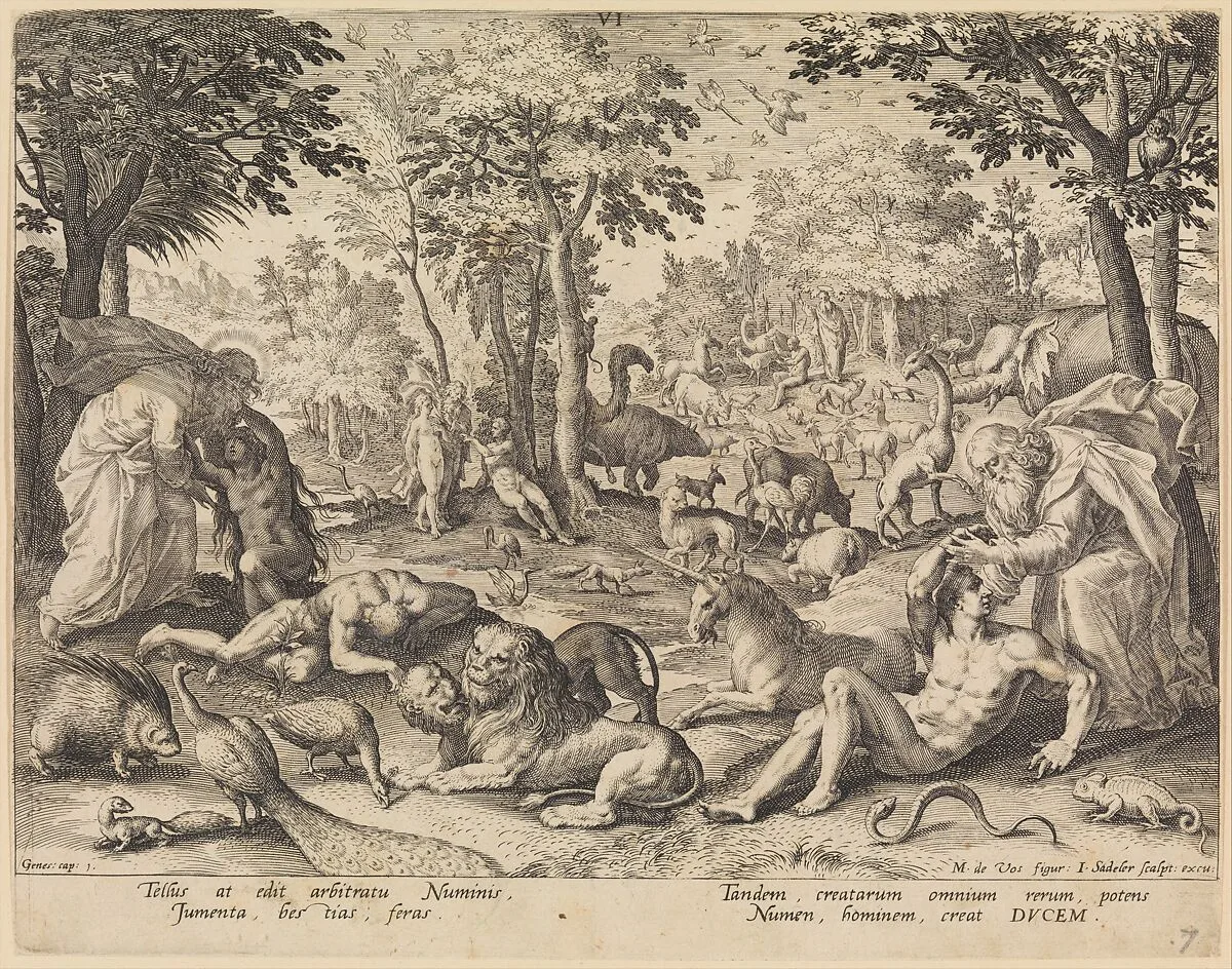 The Sixth Day: The Creation of Animals, Adam and Eve from The Creation of the World — Maerten de Vos|Johann Sadeler I