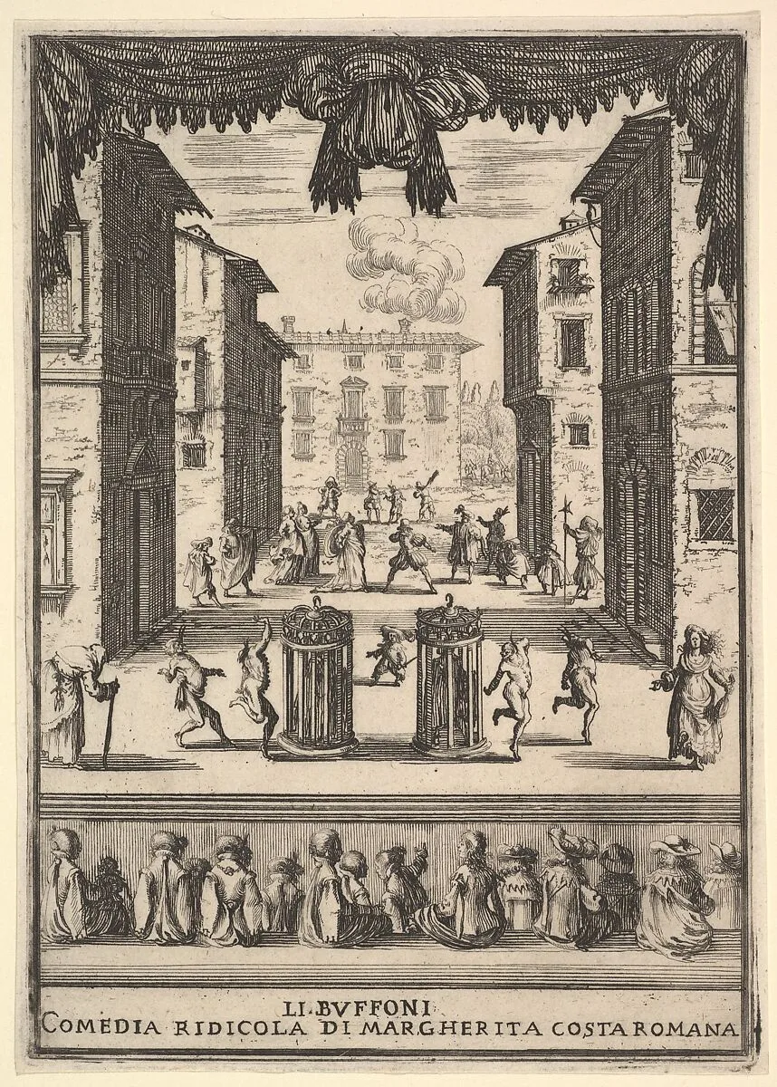 Frontispiece for the comedy 'The Buffoons' (Li Buffoni), a set on stage resembling a public space, various figures dancing around two people in cages in center stage, fifteen spectators below — Stefano della Bella