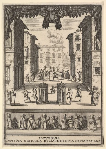 Frontispiece for the comedy 'The Buffoons' (Li Buffoni), a set on stage resembling a public space, various figures dancing around two people in cages in center stage, fifteen spectators below