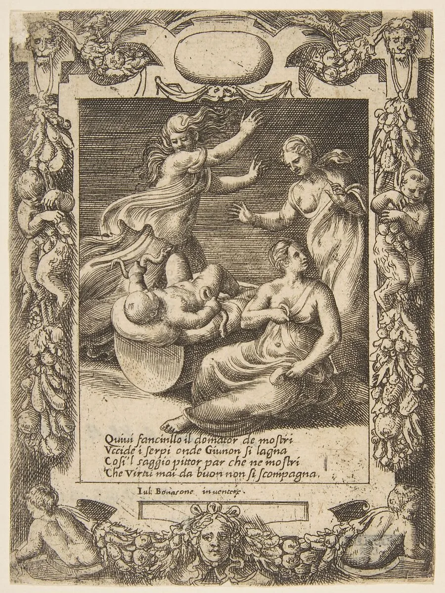 The infant Hercules killing the snakes, set within an elaborate frame, from "Loves, Rages and Jealousies of Juno" — Giulio Bonasone