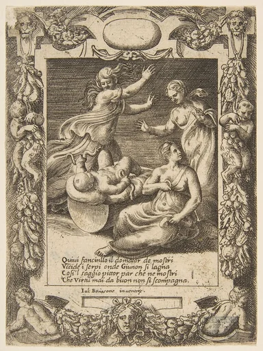 The infant Hercules killing the snakes, set within an elaborate frame, from "Loves, Rages and Jealousies of Juno"