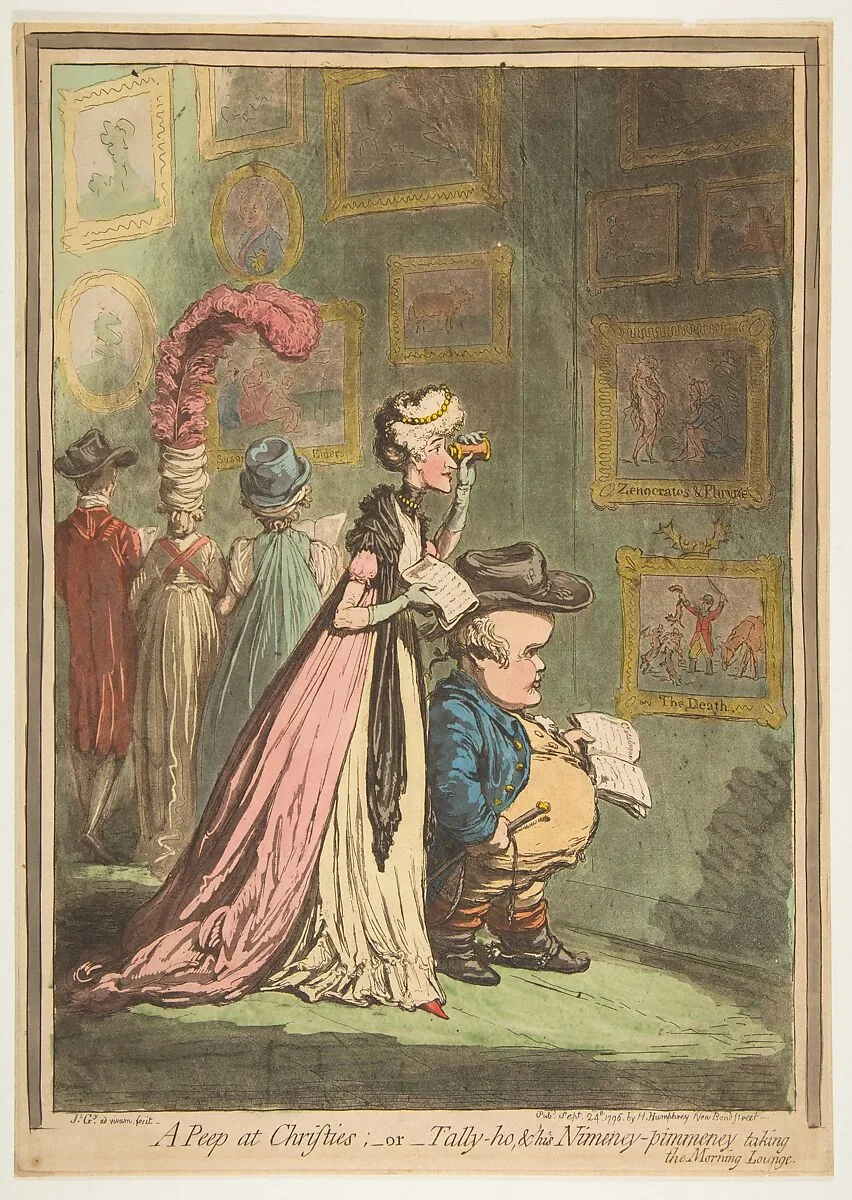 A Peep at Christies;–or–Tally-ho & his Nimeny-pimeney taking the Morning Lounge — General John Burgoyne|James Gillray|Hannah Humphrey|Edward Smith-Stanley, 12th Earl of Derby|Elizabeth Farren, Countess of Derby