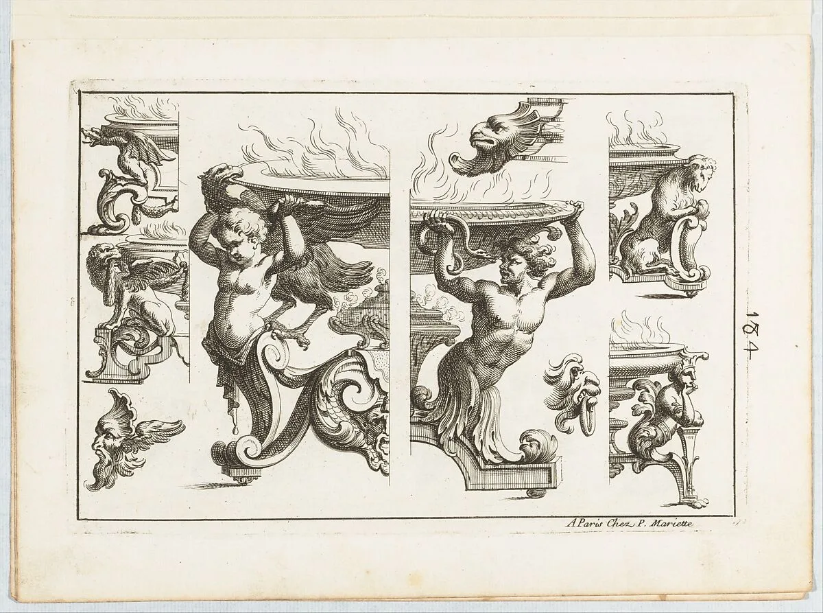 Desseins de Brasiers dont les Ornements peuuent Seruir aux Cuuettes, Tables, et autres Ouurages d'Orfeurerie, Plate 4 — Alexis Loir|Pierre Mariette le fils