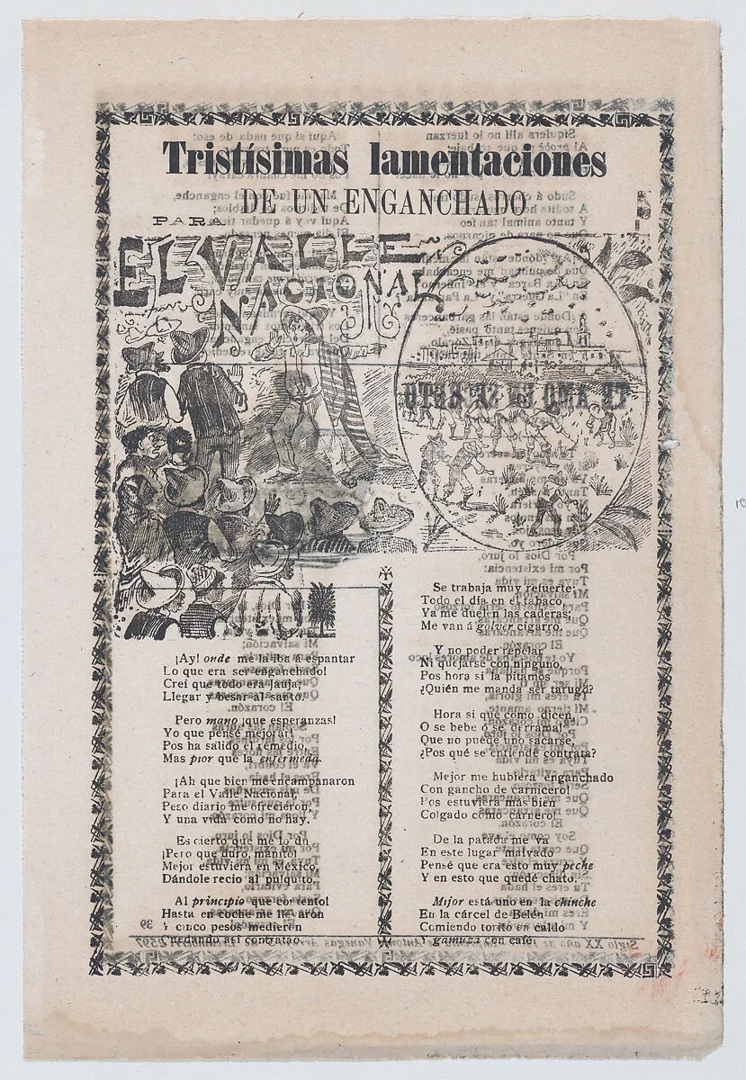 Broadsheet relating to people being tricked into working in tobacco fields, a man warning a crowd about harsh labor conditions — Antonio Vanegas Arroyo|José Guadalupe Posada