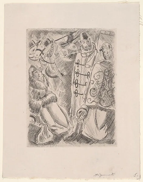 Bearded man with two women in front of a carriage — André Dignimont