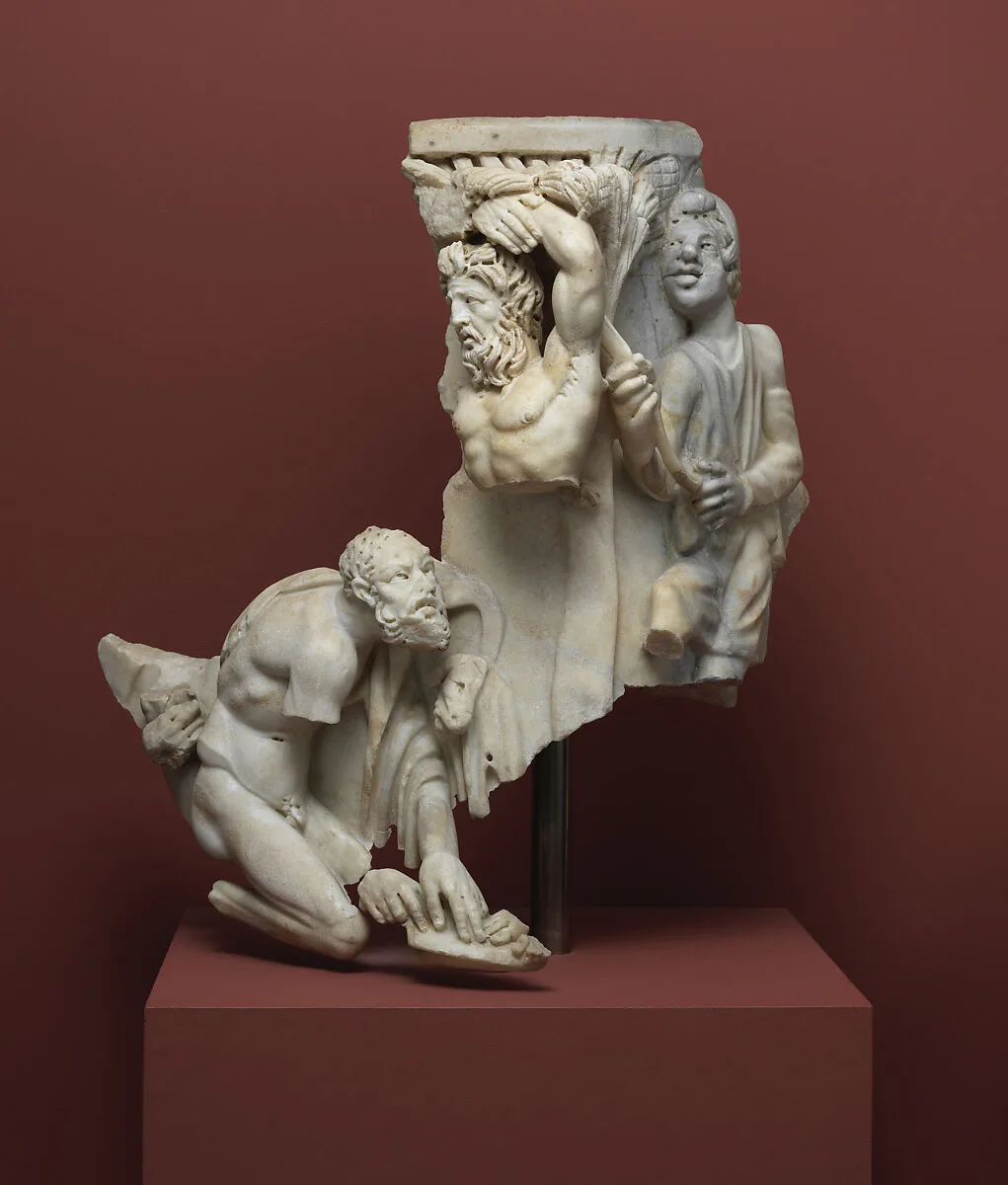 Right corner of a sarcophagus with the myth of the musical contest between the satyr Marsyas and the god Apollo — Unknown