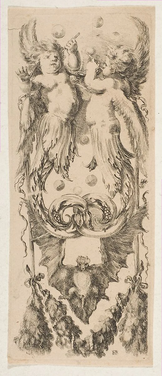 Two Winged Children with Bodies Turning into Ornament Blowing Bubbles — Stefano della Bella