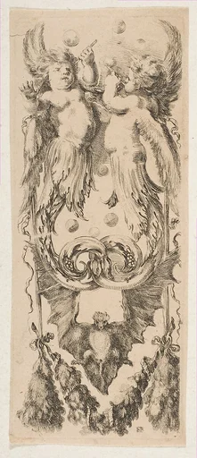 Two Winged Children with Bodies Turning into Ornament Blowing Bubbles