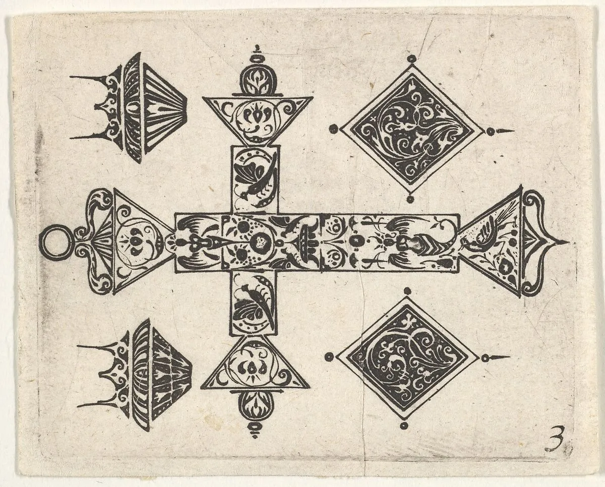 Blackwork Print with a Latin Cross and Four Motifs — Claes Jansz. Visscher