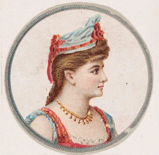 Woman wearing blue hat with pink ribbons, from the Novelties series (N228, Type 2) issued by Kinney Bros. — Kinney Brothers Tobacco Company