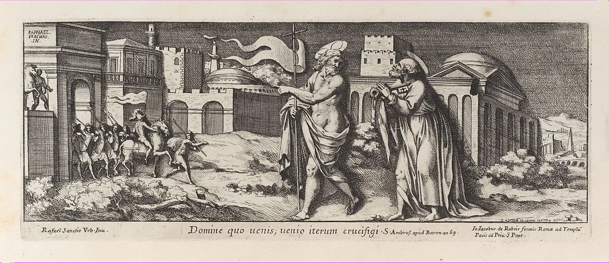 Christ appearing to Saint Peter after the Resurrection (Domine Quo Vadis), after Raphael's Stanza dell'incendio del Borgo, from a series of 15 plates, depicting Raphael's works for the Vatican stanze and the Sistine Chapel tapestries — Pietro Santi Bartoli|Raphael (Raffaello Sanzio or Santi)|Giovanni Giacomo De Rossi
