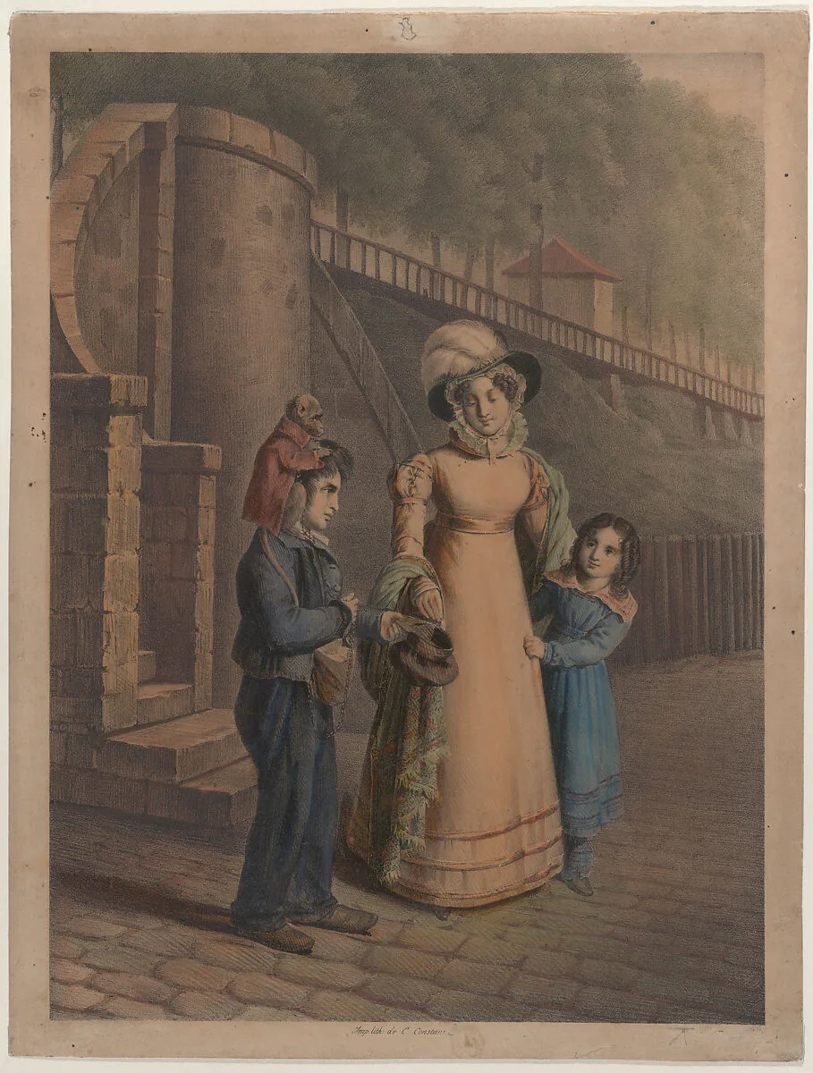 Boy with a monkey on his shoulder receiving coins from a mother and daughter — Charles-Louis Constans