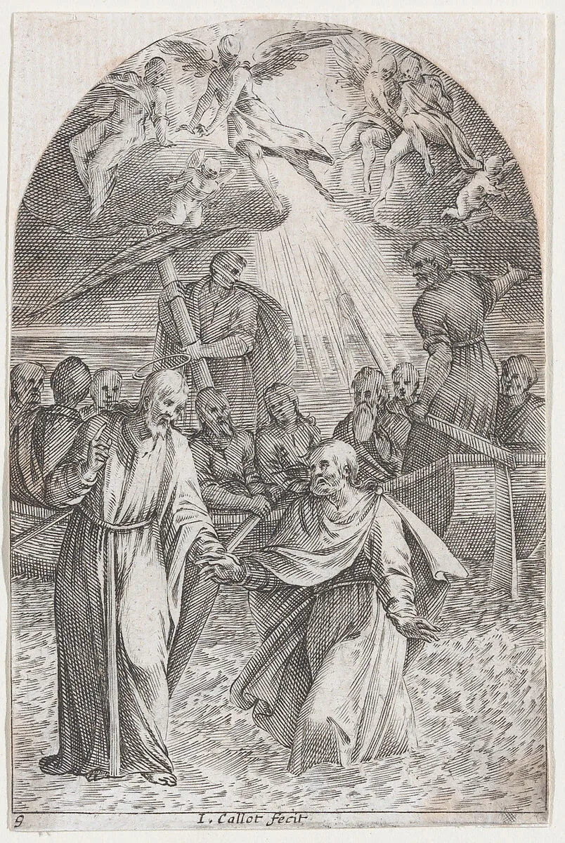 Christ Walking on Water, Holding the Hand of St. Peter (Second Composition), plate 9 from "Les Tableaux de Rome, Les Eglises Jubilaires" (The Paintings of Rome, The Churches Jubilee) — Jacques Callot