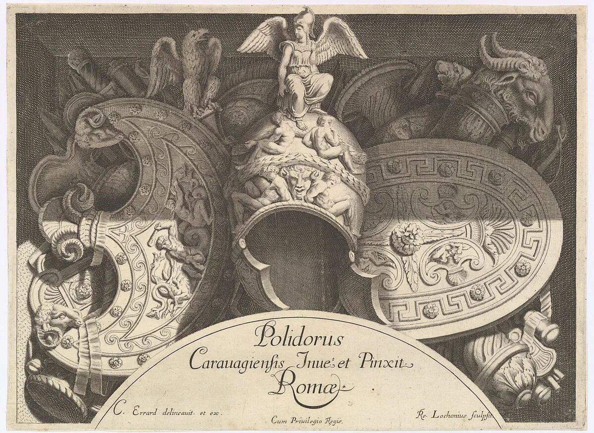 Divers Trophées (Weapon Trophies after the Façade of Palazzo Milesi in Rome) — René Lochon|Charles Errard le fils|Polidoro da Caravaggio