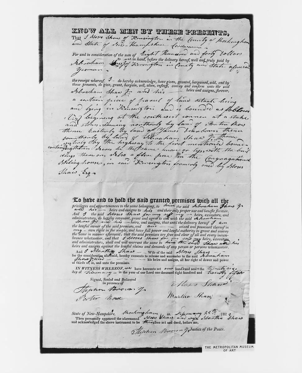 Manuscript Deed for Shaw Homestead, Kensington, New Hampshire — Unknown
