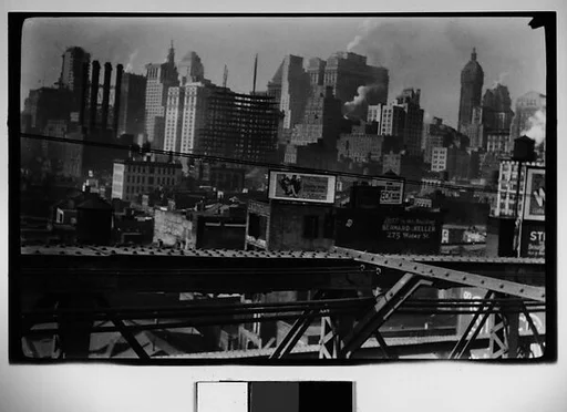 [Manhattan Skyline with Brooklyn Bridge Trussing, New York City]