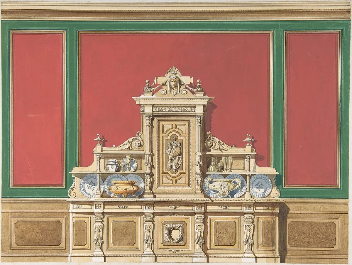 Interior Design for Large Display Cabinet against Red and Green Panelling — Anonymous, British, 19th century