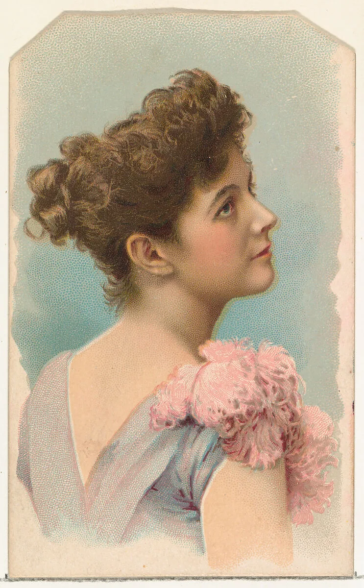Actress in profile wearing pink feather on shoulder, from Stars of the Stage, First Series (N129) issued by W. Duke, Sons & Co. to promote Honest Long Cut Tobacco — W. Duke, Sons & Co.|Knapp & Company