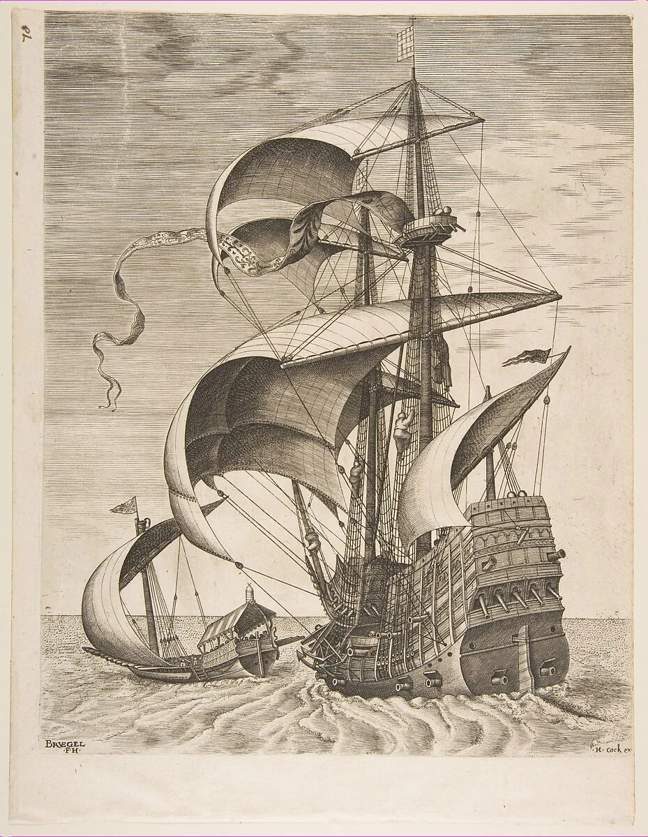 Armed Three-Master on the Open Sea Accompanied by a Galley from The Sailing Vessels — Pieter Bruegel the Elder|Frans Huys|Hieronymus Cock