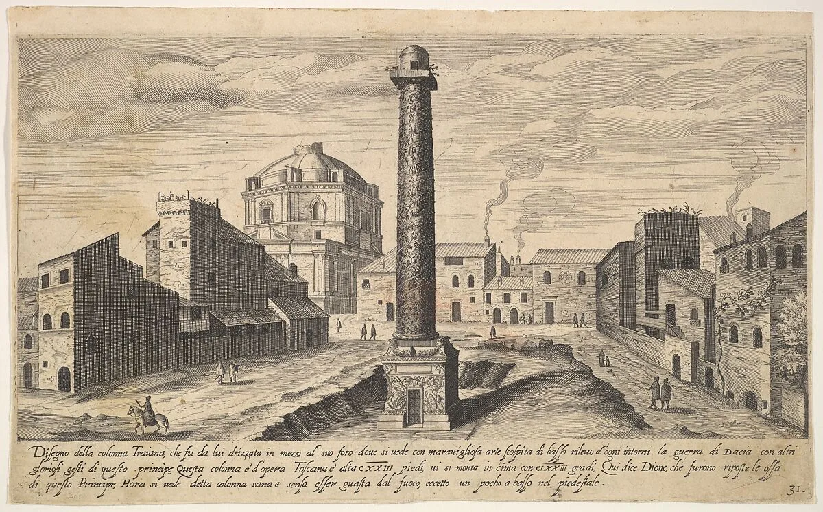 Plate 31: view of the column of Trajan, shown with its pedestal dug out from the earth, surrounded by buildings at the base of the Quirinal Hill, Rome, from the series 'Ruins of the antiquity of Rome, Tivoli, Pozzuoli, and other places' (Vestigi della antichità di Roma, Tivoli, Pozzvolo et altri luochi) — Aegidius Sadeler II|Etienne DuPérac