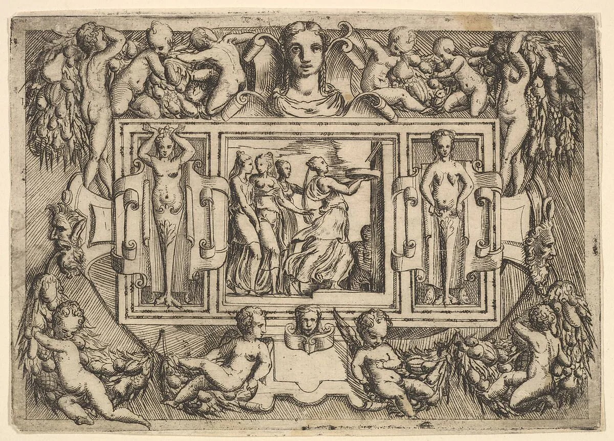 The Cumeaean sibyl walking to the right and carrying a tray, followed by three women, set within an elaborate frame — Jacques Androuet Du Cerceau|Battista Angolo del Moro|Andrea Schiavone (Andrea Meldola)