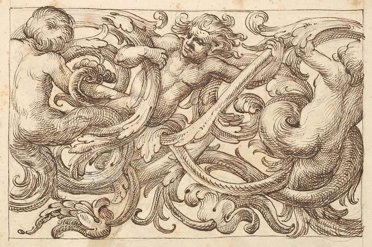 Horizontal Panel Design with Three Male Figures Interspersed between Acanthus Rinceaux — Polifilo Giancarli|Anonymous, Italian, Venetian, 17th century