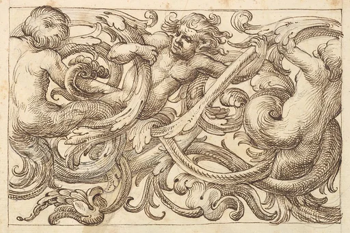 Horizontal Panel Design with Three Male Figures Interspersed between Acanthus Rinceaux