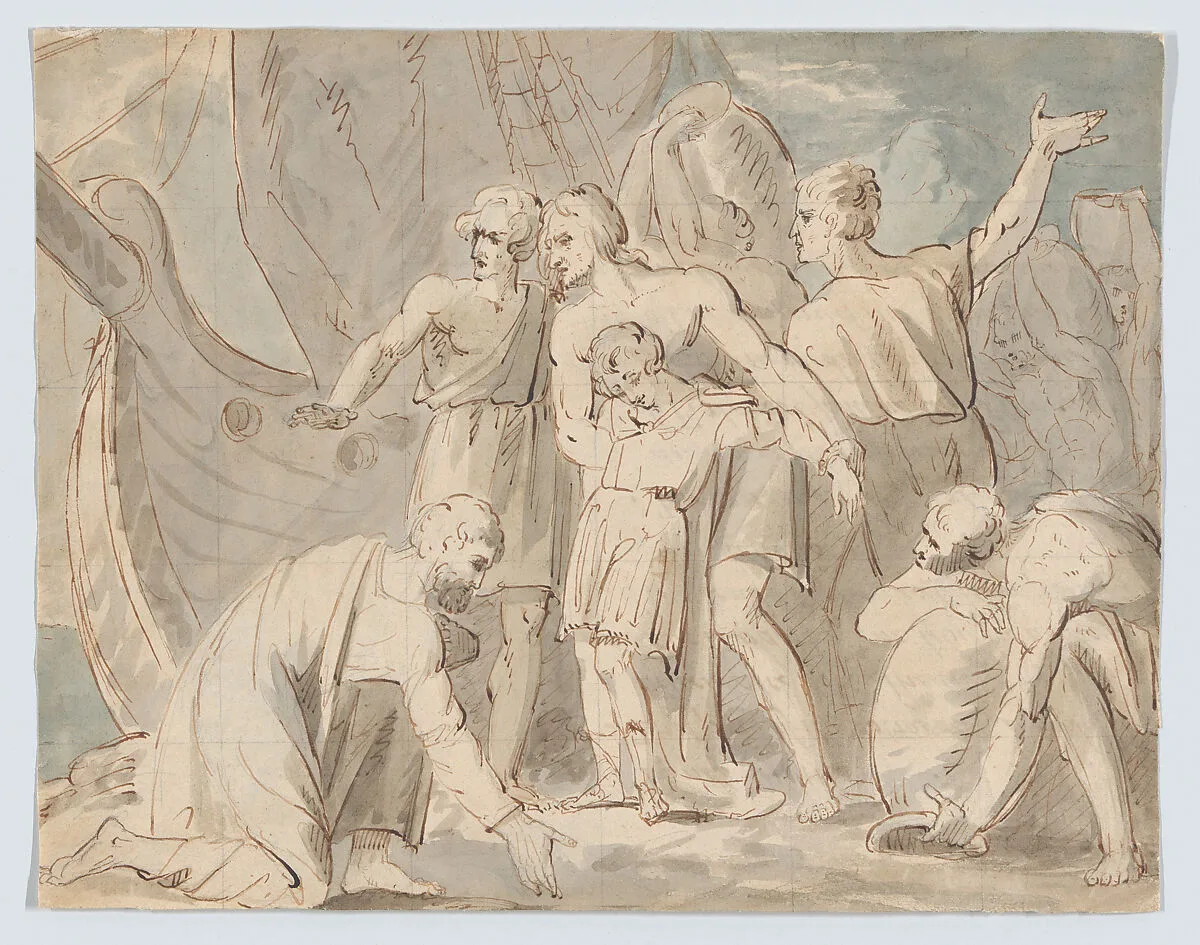Historical Subject with Men and a Boy Near a Ship (recto); Anatomical Study of a Foot (verso) — William Hamilton