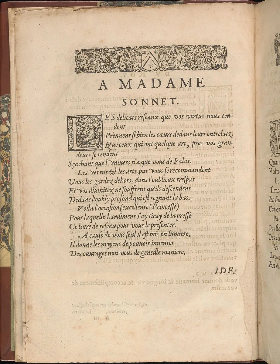 Les Secondes Oeuvres, et Subtiles Inventions De Lingerie du Seigneur Federic de Vinciolo Venitien, page 3 (verso) — Federico de Vinciolo|Jean Le Clerc|Catherine de Bourbon