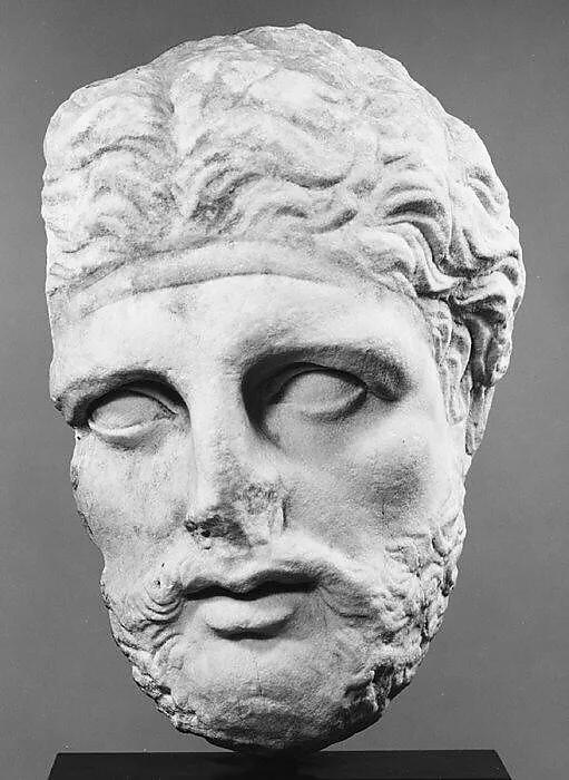 Marble head of a bearded man from a stele (grave marker) — Unknown