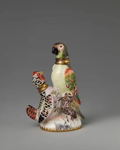 Parrot and rooster in a group