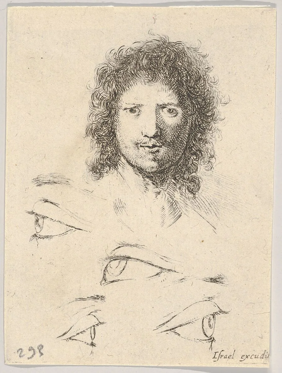 Plate 2: at top, the head of a young man, frontal view, at bottom, four eyes, from 'The Book for Learning to Draw' (Livre pour apprendre à dessiner) — Stefano della Bella|Israël Henriet