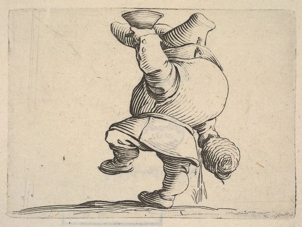 Small male figure in profile view whose face is hidden by his upraised arm holding a cup, with lowered hand grasping a vessel, from the series 'Varie figure gobbi' — Jacques Callot