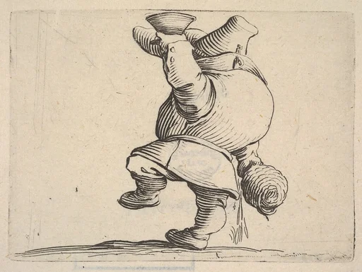 Small male figure in profile view whose face is hidden by his upraised arm holding a cup, with lowered hand grasping a vessel, from the series 'Varie figure gobbi'