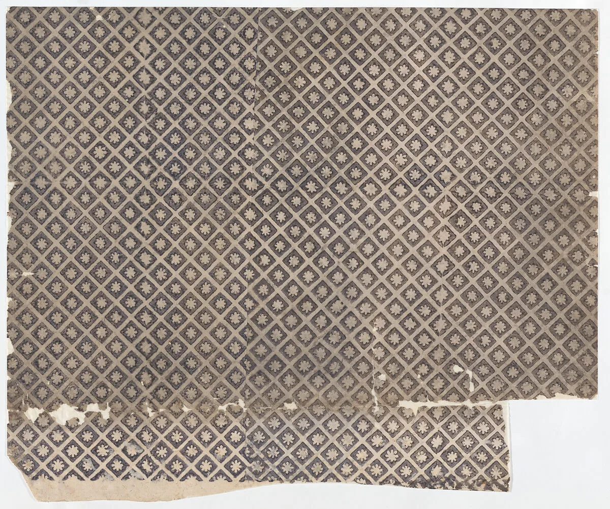 Sheet with overall pattern of flowers within squares — Anonymous