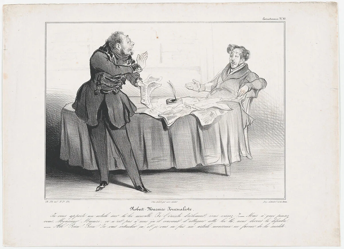 Plate 33: Robert Macaire journalist, from 'Caricaturana,' published in Les Robert Macaires — Junca|Charles Philipon|Aubert et Cie|Aubert et Cie|Honoré Daumier
